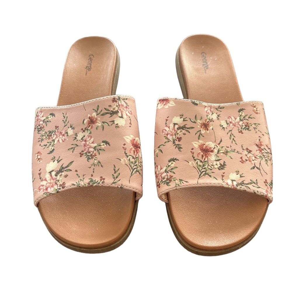 Floral Pink and Tan Slide Sandals for Women Size 8